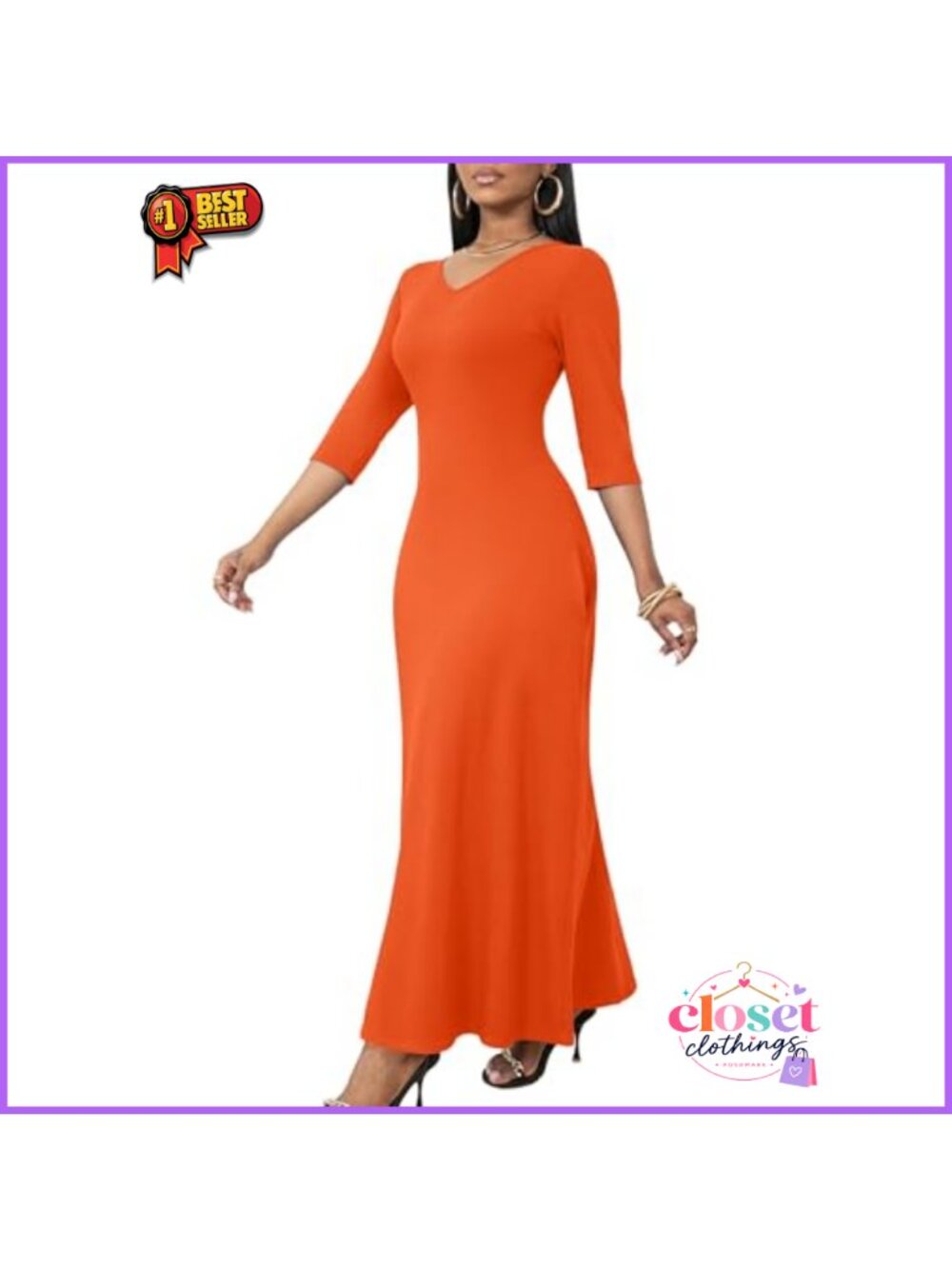 Women's V Neck 3/4 Sleeve Maxi Dress Loose Casual T Shirt Long Dress Pockets